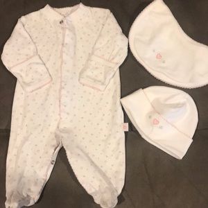 Kissy kissy Pima onesie with matching bib & hat.
